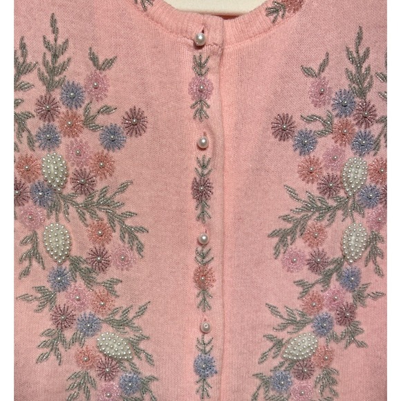 VTG 50's Floral Beaded Cardigan Sweater Pink Faux Pearl UK Sz 40 (10-12 US) EUC - Picture 5 of 12